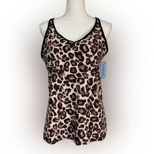 YOUNIQUE Tankini Swim Top L Brown Leopard Animal Print Padded Bra Swimwear